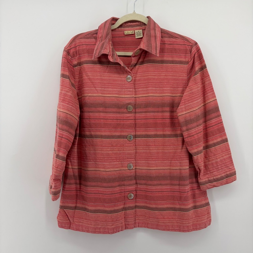 Linden Hill Button Up Shirt Pink Striped‎ Women Size M 100% Cotton 3/4 Sleeve